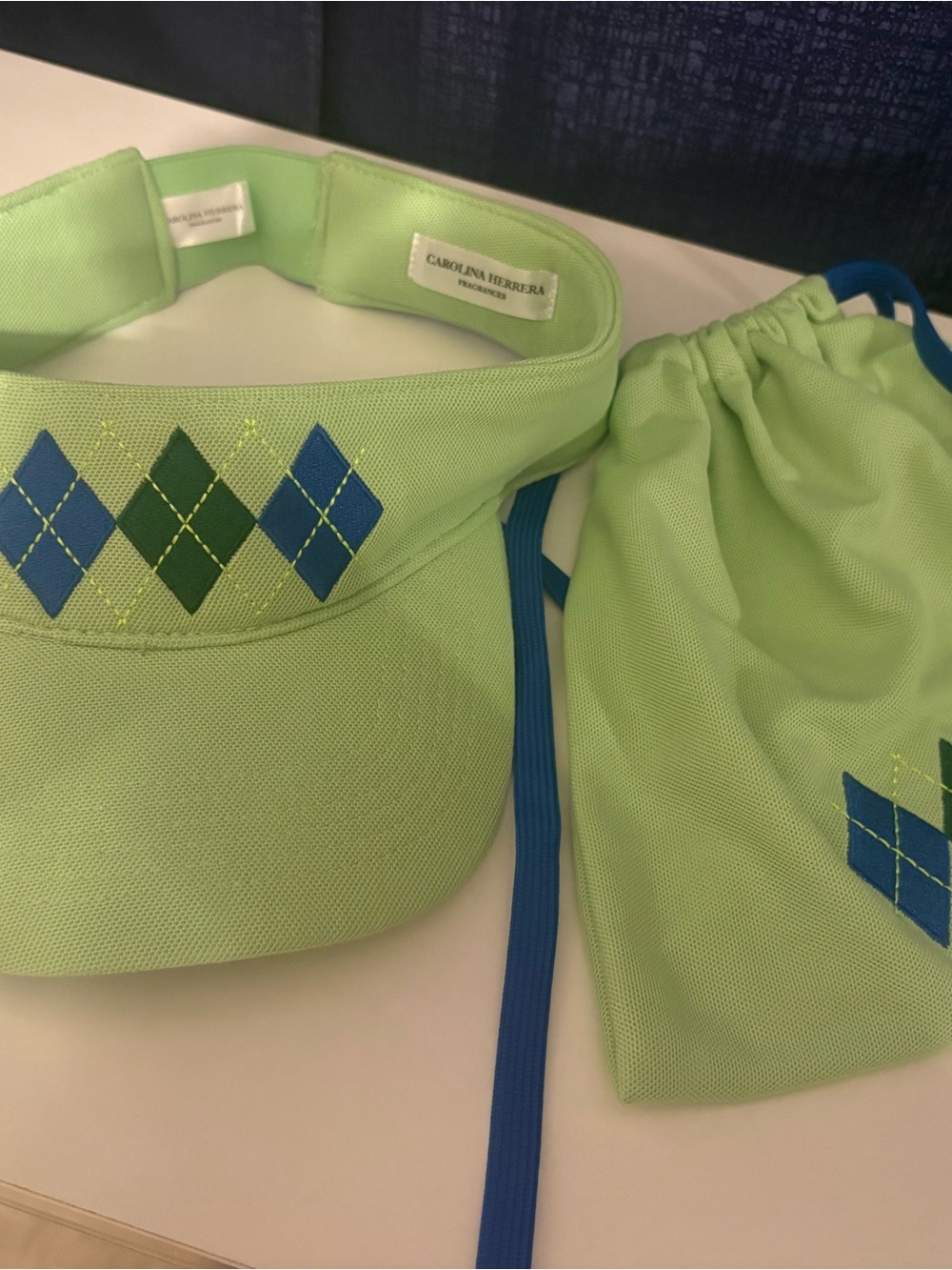 Carolina Herrera Kids Lime Green Argyle Visor with Blue Strap and Pouch Set